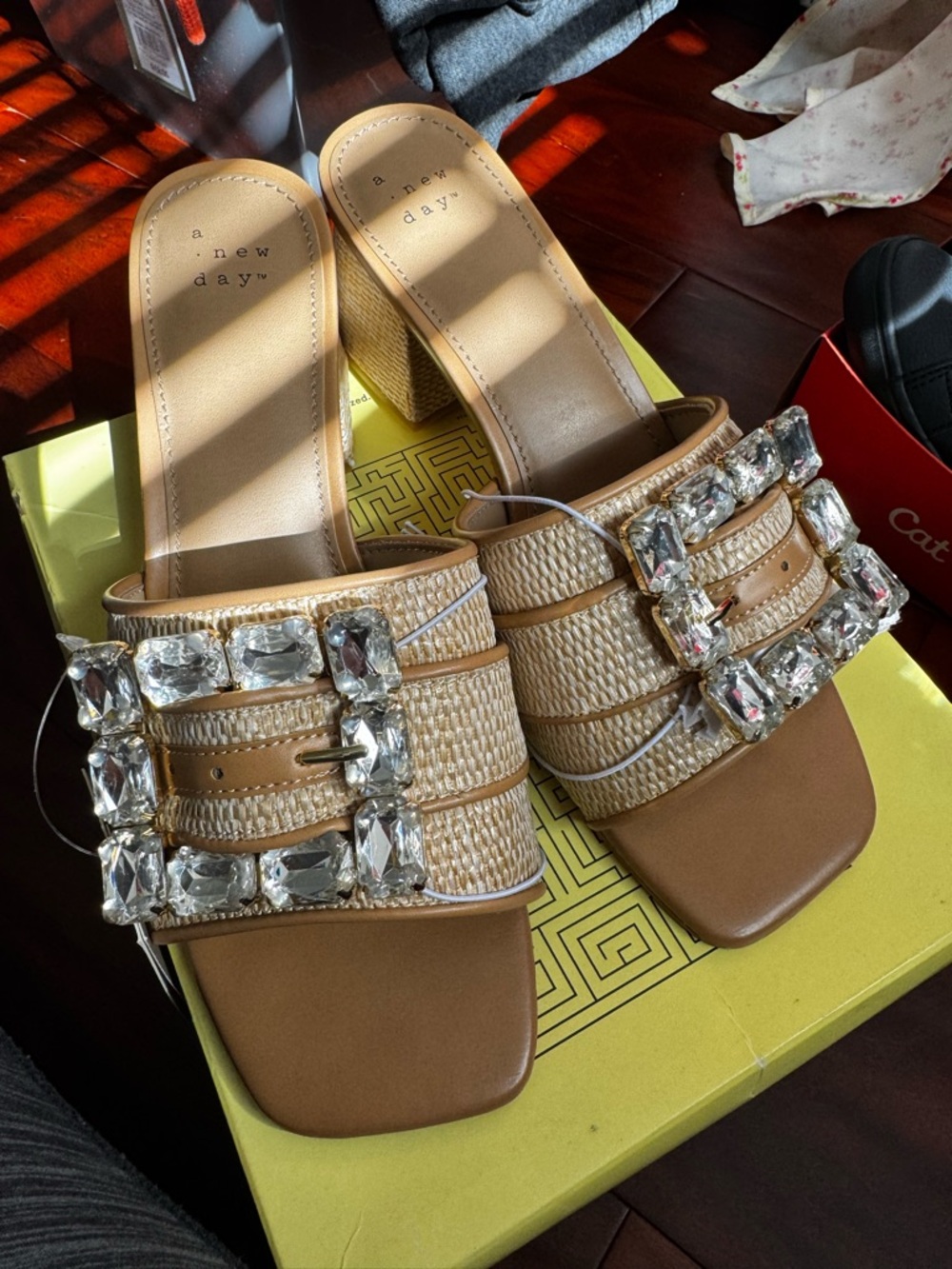 a new day Tan Raffia Slide Mules with Crystal Buckles